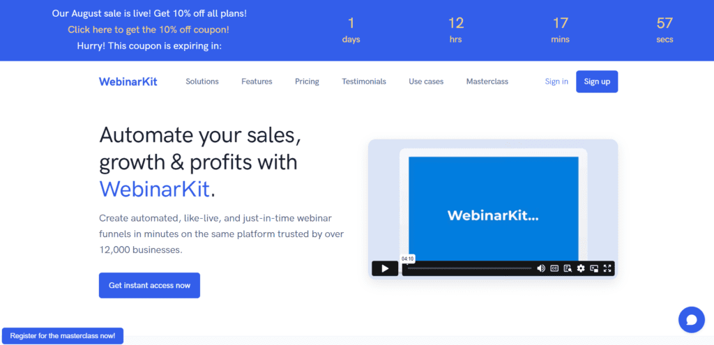 WebinarKit Get more sales with a beautiful modern webinar platform Google Chrome 8 30 2023 9 11 03 PM WEBINAR KIT LIVE FREE TRIAL webinar kit